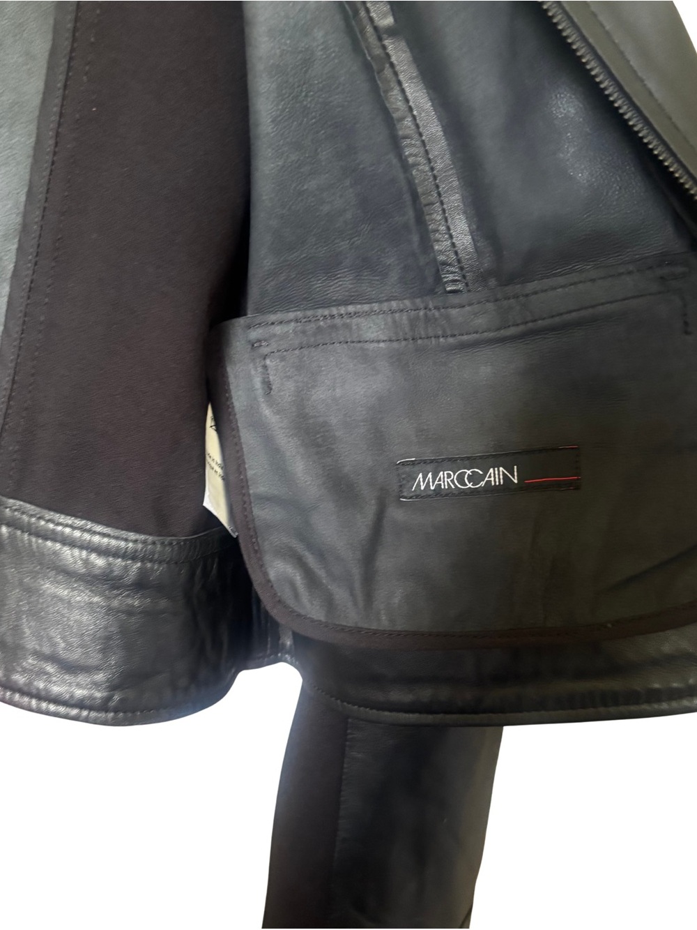 Marc Cain Luxury Black Genuine Leather & Knit Panel Zip-Up Jacket